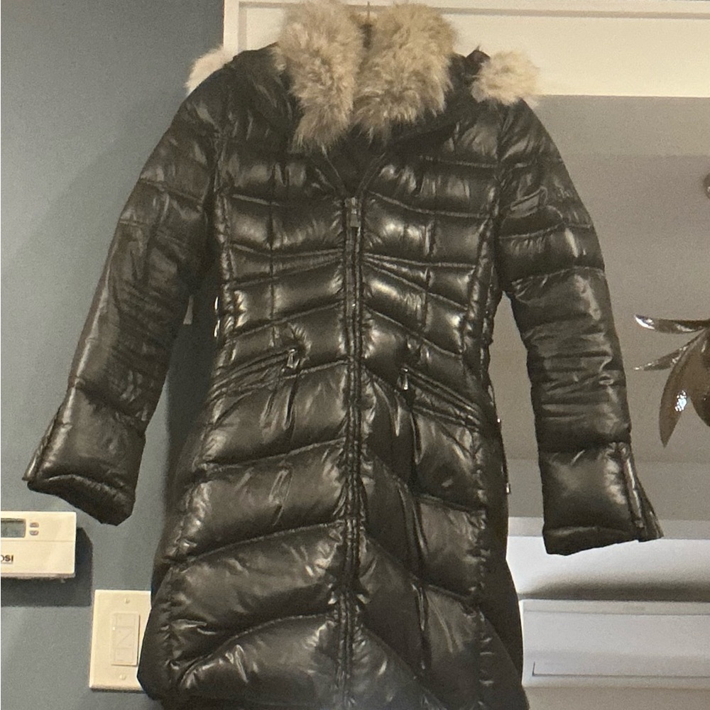 Dawn Levy Black Long Puffer Coat with Faux Fur Hood Trim